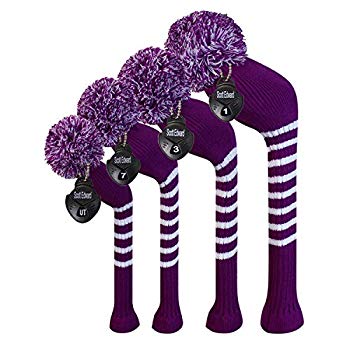 [Used] Vivid color golf knit head cover, 4 sets, drivers, fairway wood X2 and hybrid UT (Purple Stripes)