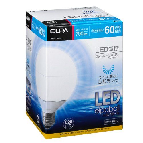 【新品】 ELPA LED電球 ミニボール球形 60W形 E26 G95 昼光色 LDG8D-G-G202